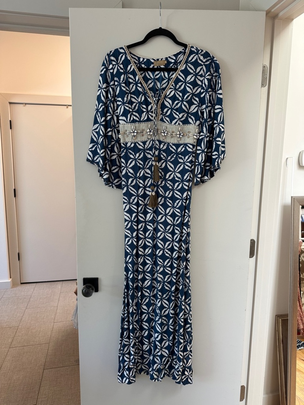 Navy and White Patterned Maxi Dress with Embellished Waist